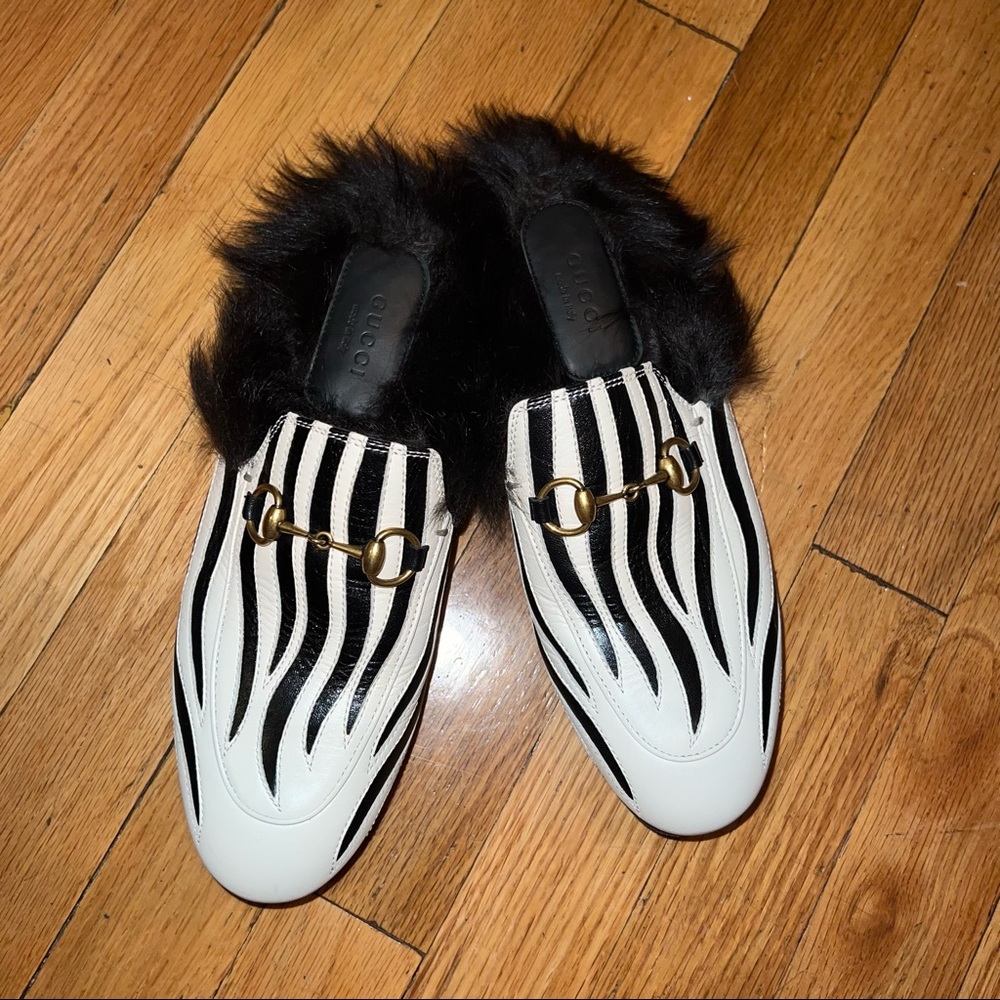 GUCCI ZEBRA FUR PRINCETOWN MULES SLIDE INS